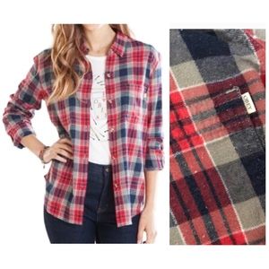 Distressed Red Grey Blue Boyfriend Button Flannel